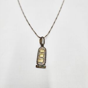 Vintage Sterling Silver & 14k Maya Glyphs Cartouche MEXICO Necklace Pendant 20"